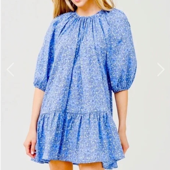 Deluc Blue Cotton Floral Puffed Sleeve Mini Dress XL - Picture 1 of 9